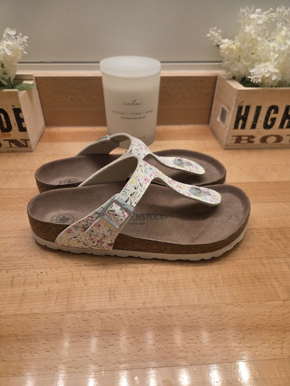 Birkenstock Gizeh Vegan Sandals Watercolor Flower White Birko-Flor Women's Sz 38